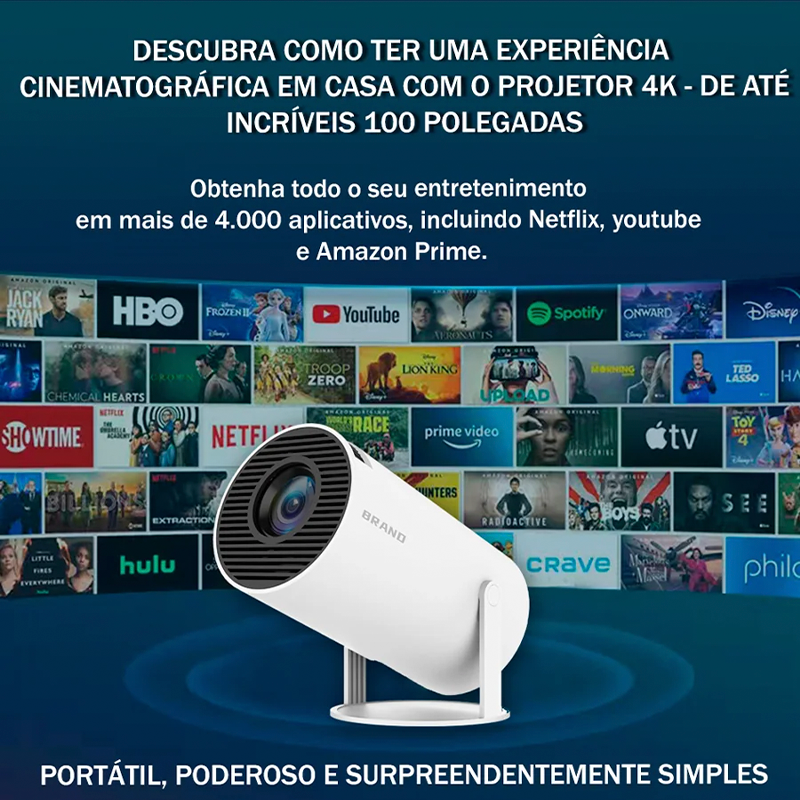 Projetor Magic Cub 4K Portátil 100 Polegadas Som Estéreo